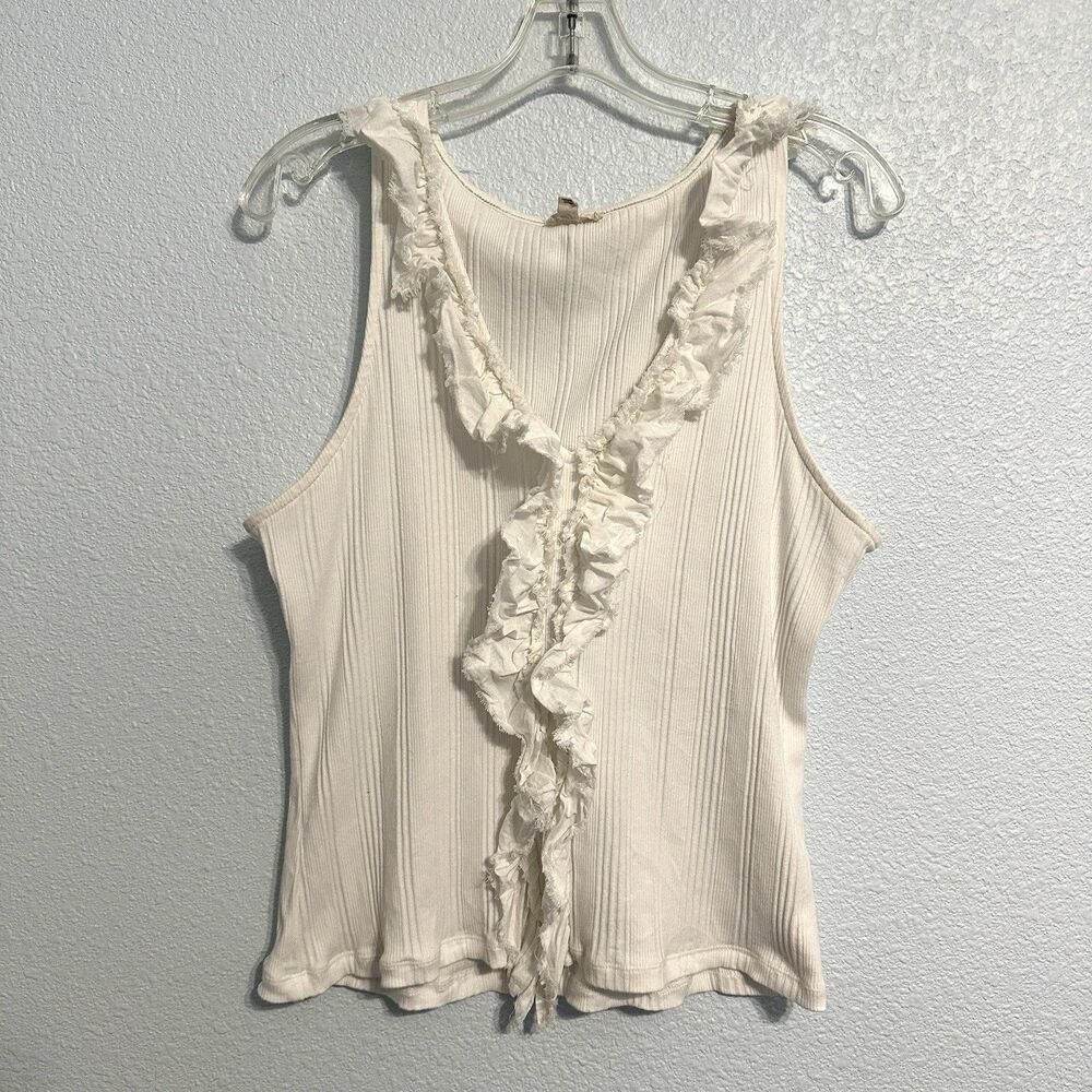 Anthropologie Pilcro Ruffled Sleeveless Top Womens Size XL White Frayed Linen